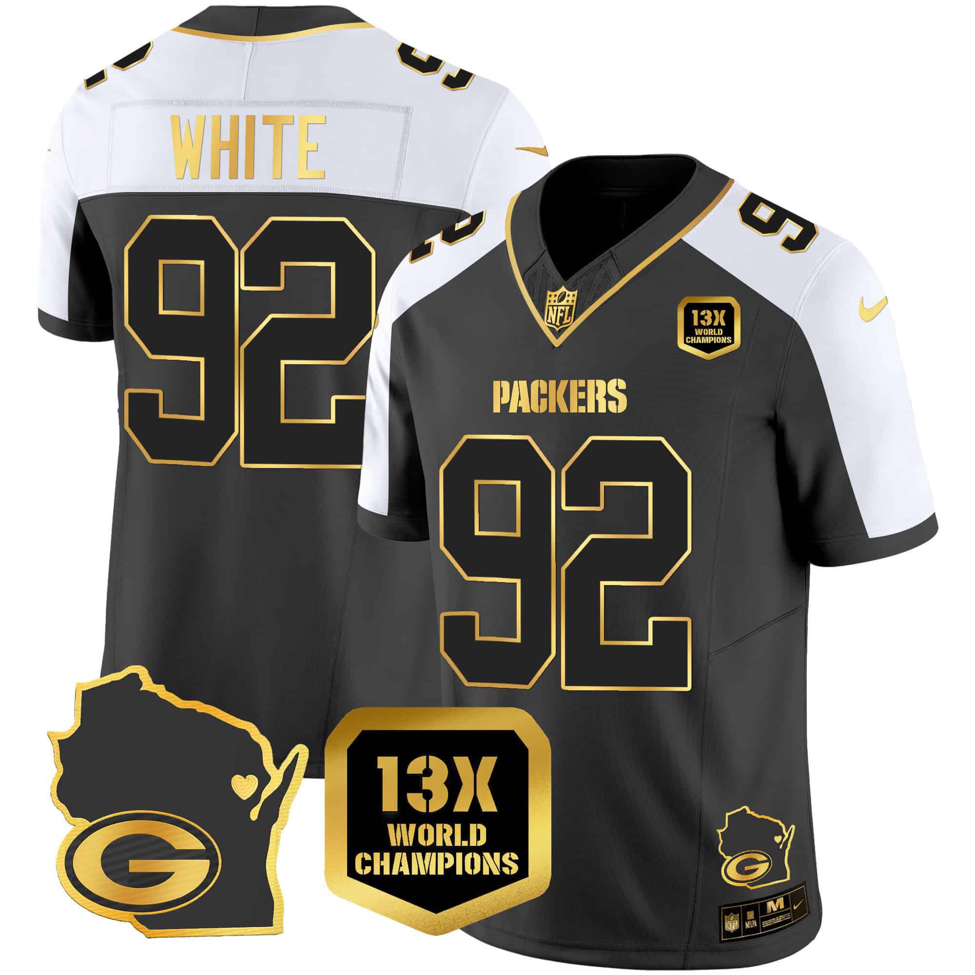 Men Green Bay Packers #92 White Black Gold 2024 Nike World Champions Home Patch Vapor NFL Jersey
